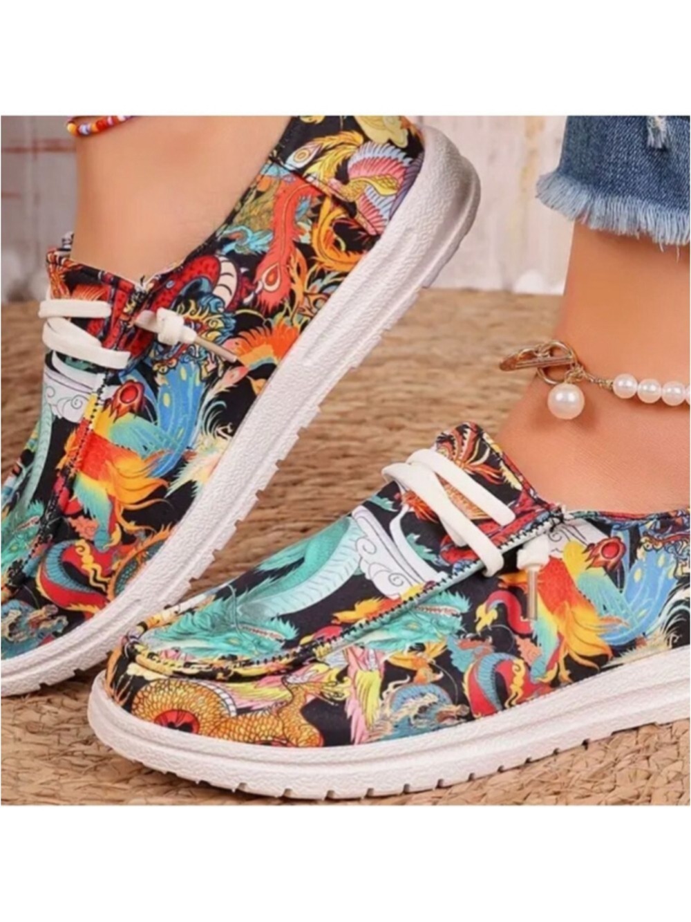 NEW Women’s Dragon Phoenix Print Canvas Sneakers – Size 6.5 (37) NWT